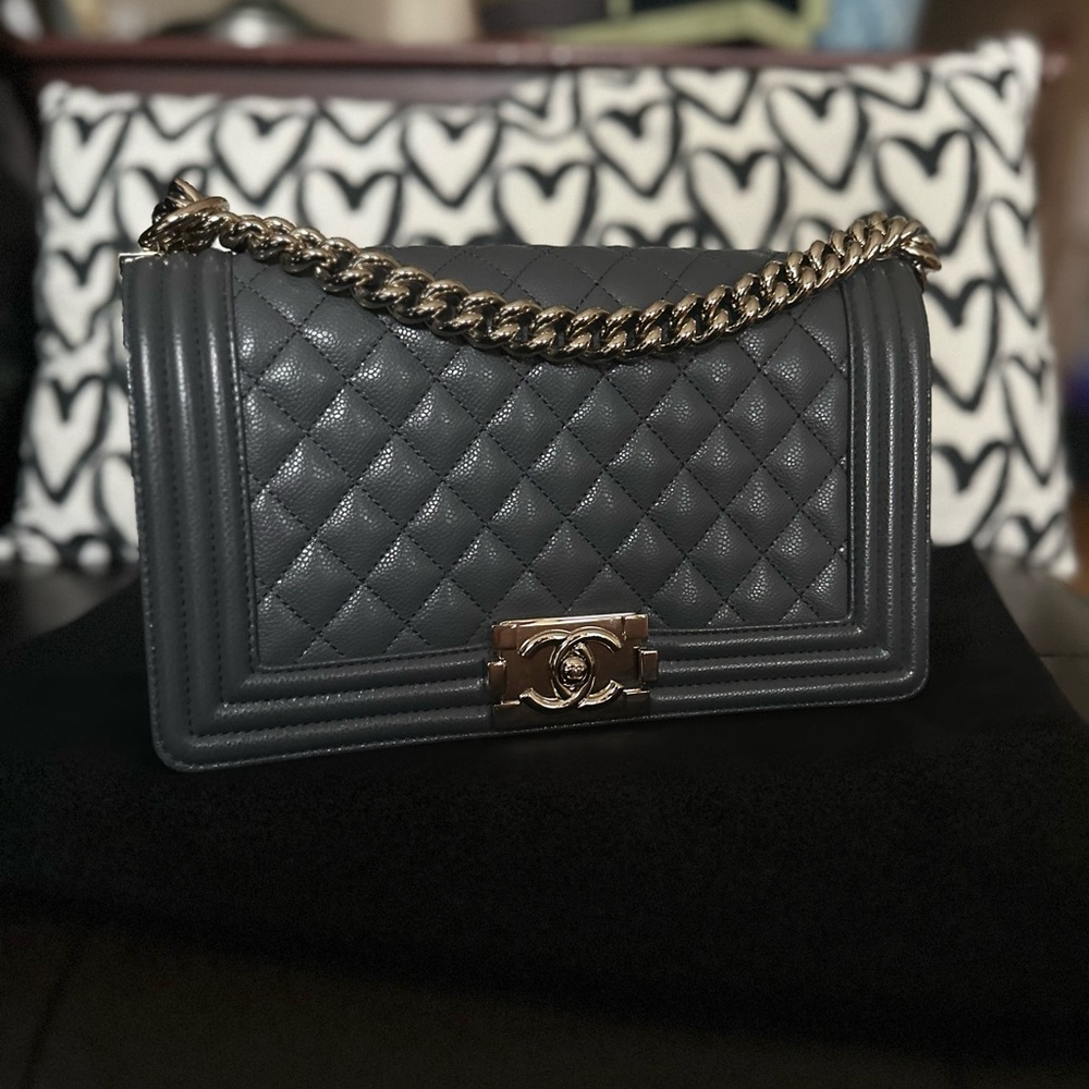 Chanel dark Gray Quilted medium boy bag with light gold hw